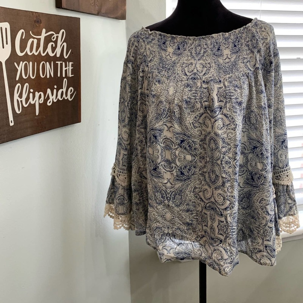 MITTOSHOP Lace Bell Sleeves Boho Top S